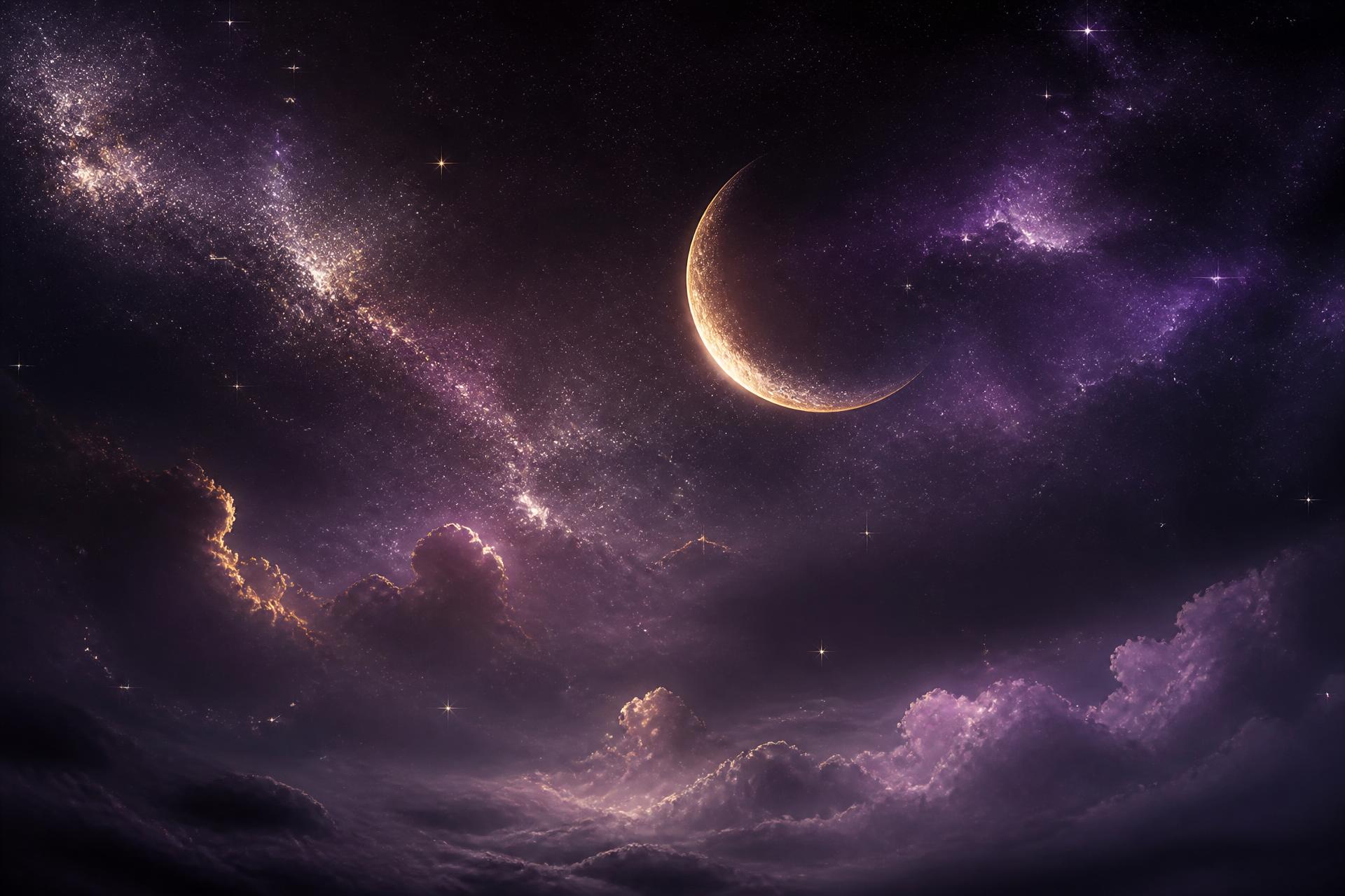 Golden crescent moon over a deep purple starlit galaxy